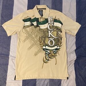 Ecko Unlimited Mens Graphic Polo Shirt Sz XL Beige Stitched Logo
